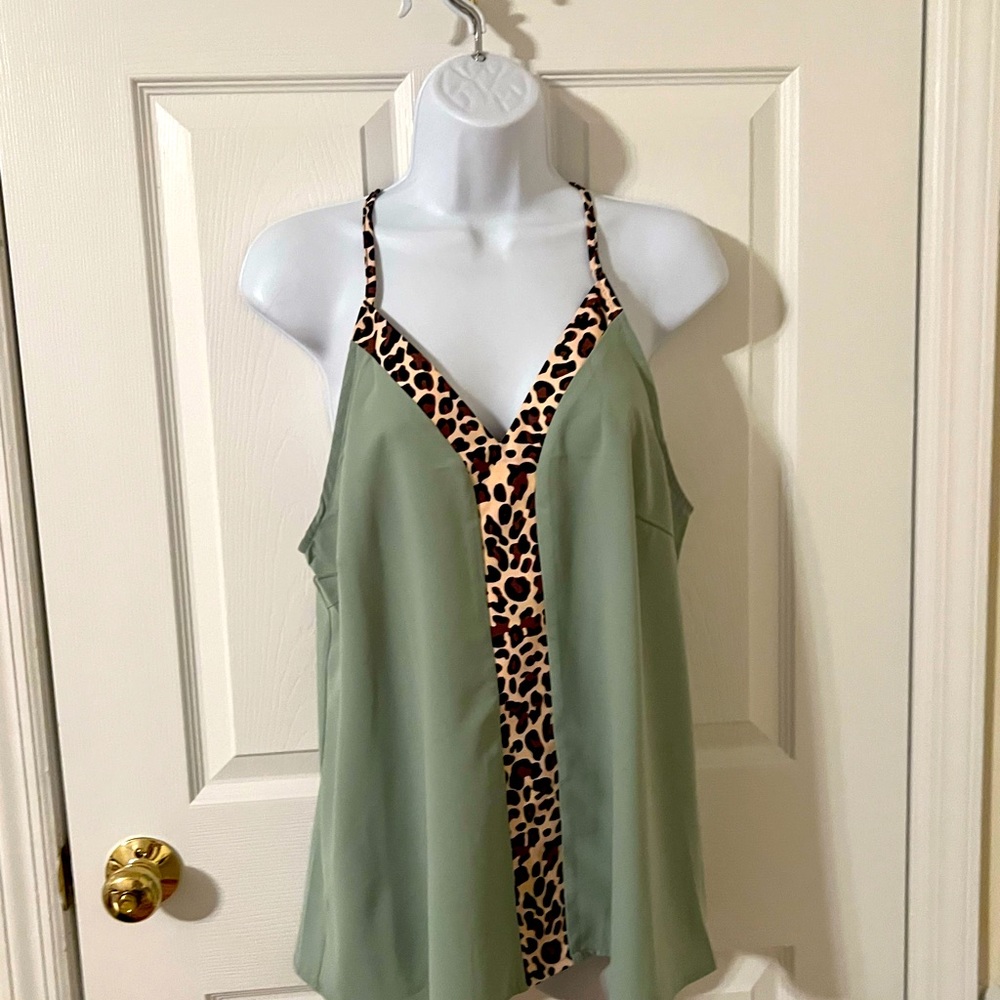 Soft Green Racerback Blouse / Cheetah straps and detailed accent
